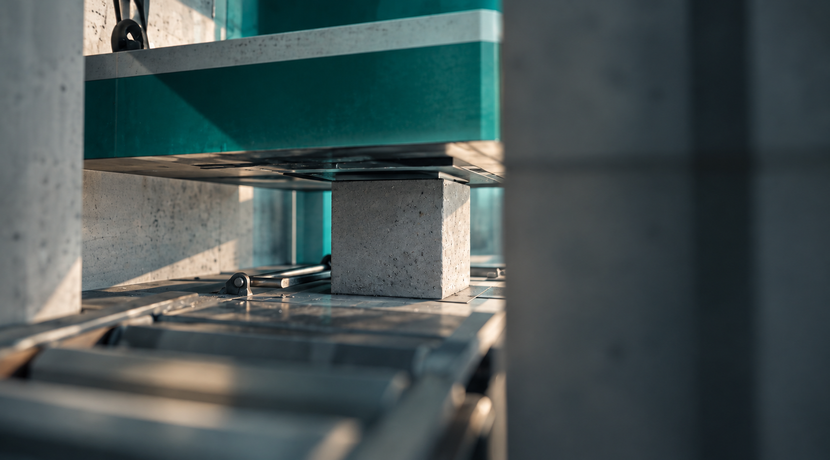 Close-up of a UHPC concrete cube supported on a metal structural assembly, framed by blurred concrete elements with teal accents and soft natural light.