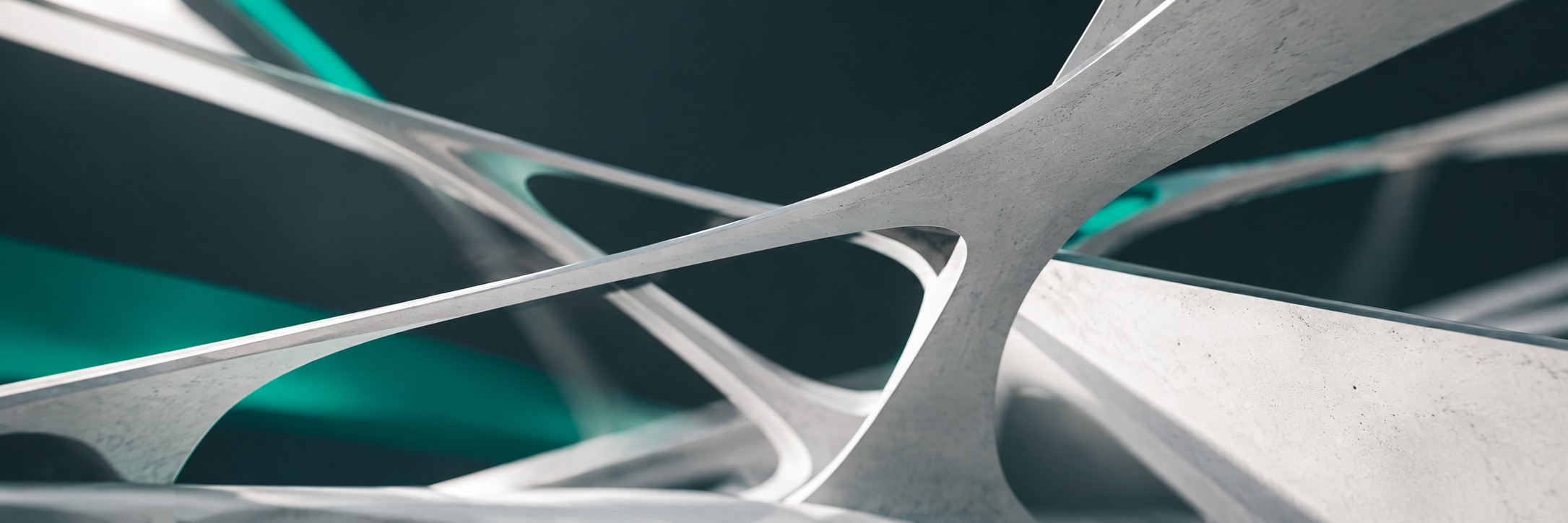 Abstract UHPC structural geometry with slender white concrete beams and flowing ribs intersecting against a dark teal background with subtle green accents.