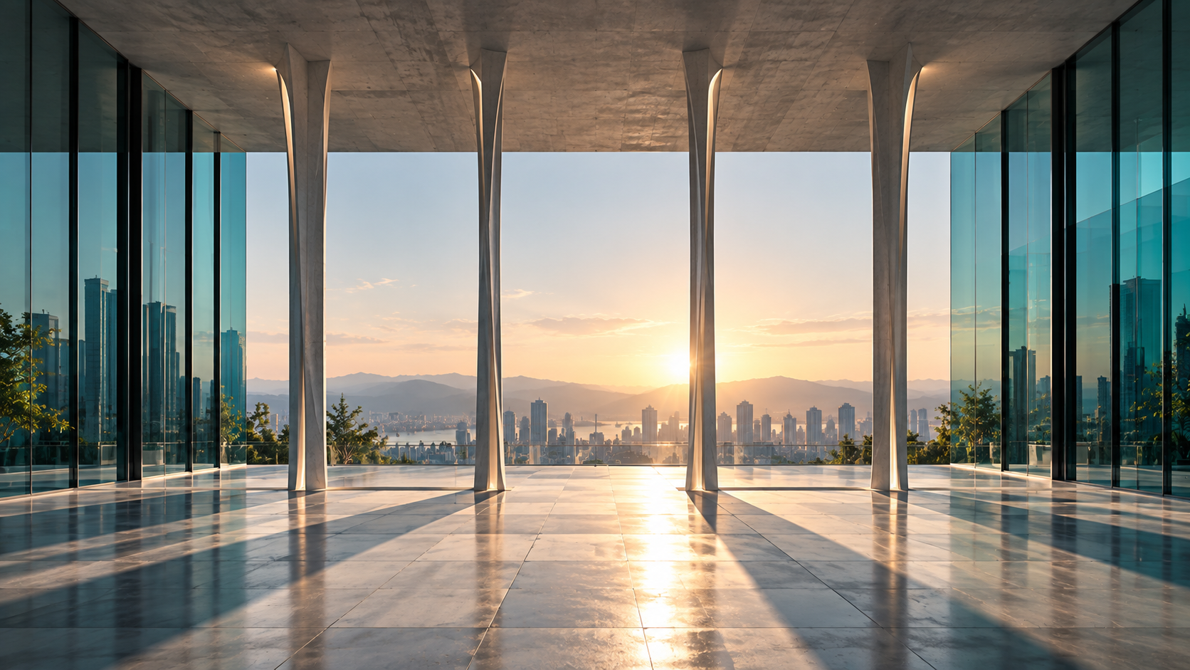 Modern UHPC pavilion with slender sculptural concrete columns, glass walls, and a warm sunset overlooking a city skyline and mountains