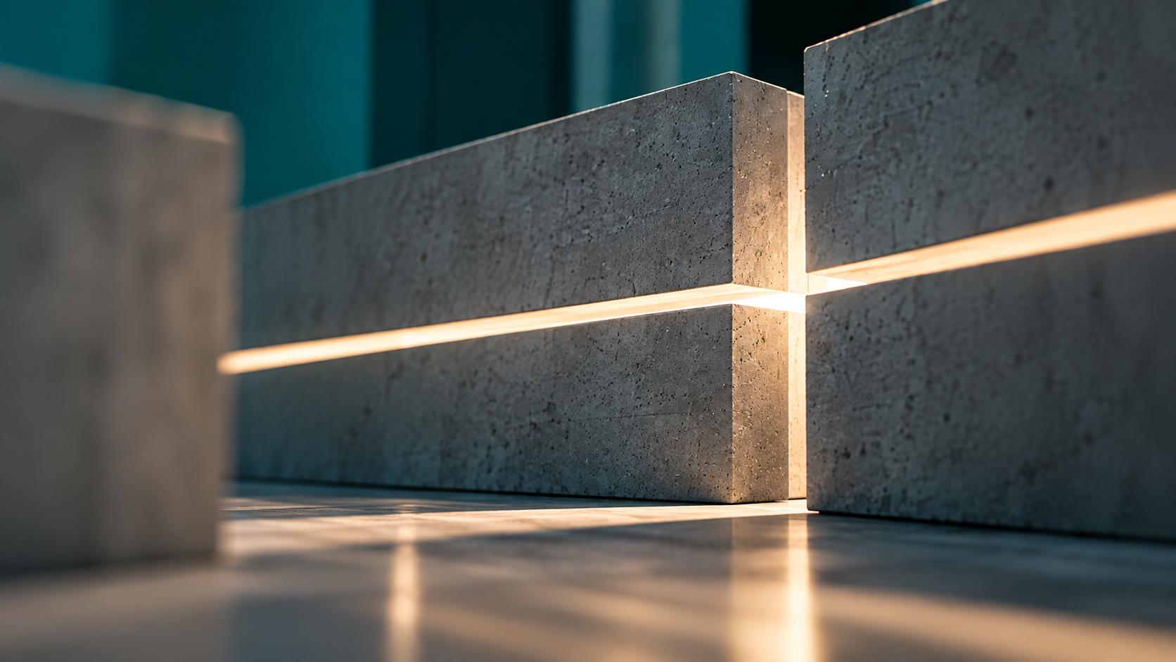Abstract UHPC concrete structure with intersecting slabs and narrow gaps illuminated by warm light, symbolizing barriers being overcome and connections being formed.