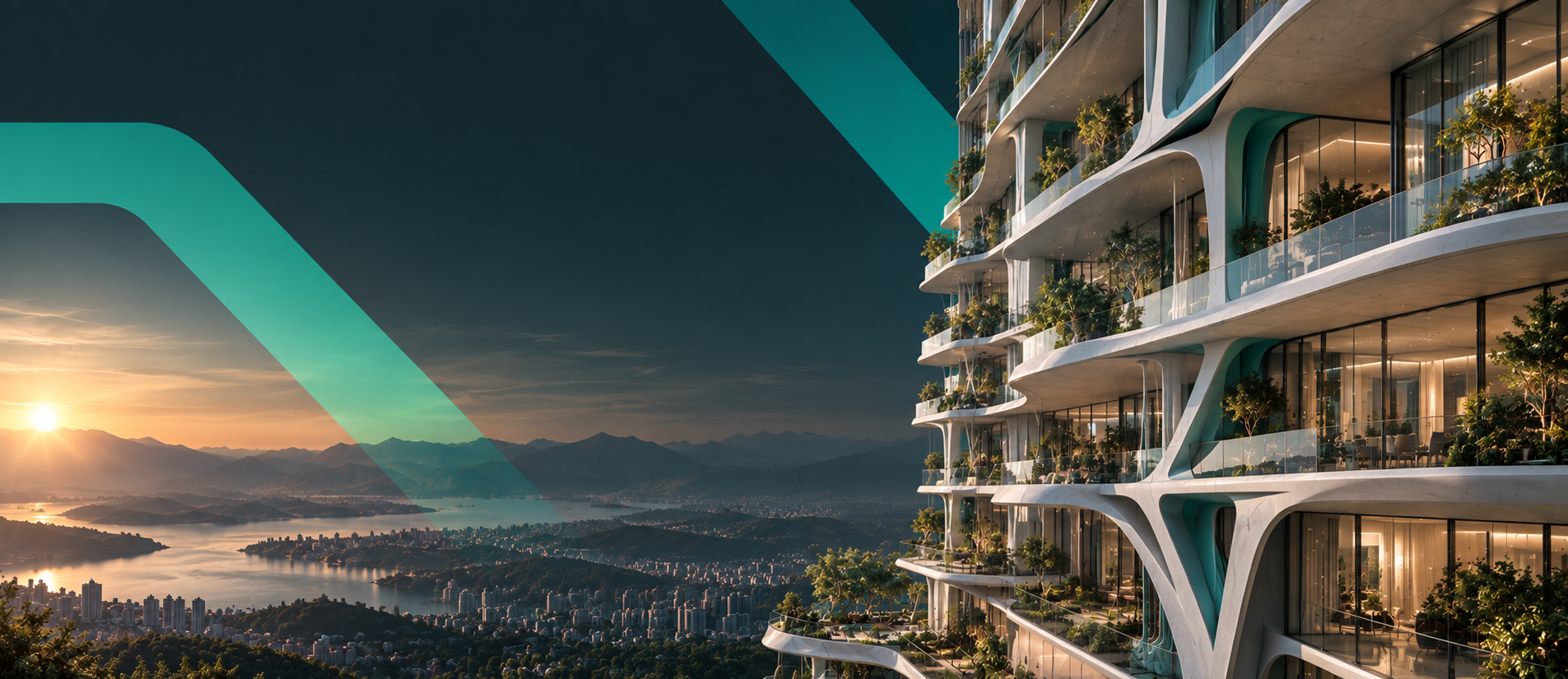 High-rise UHPC building with slender white structural elements, glass façades, green terraces, and strategic teal accents against a deep charcoal background.