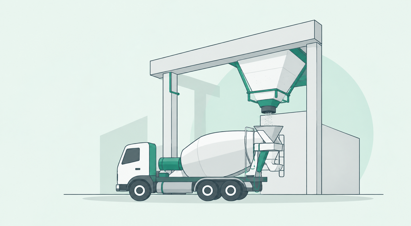Illustration of a concrete plant loading UHPC into a mixer truck