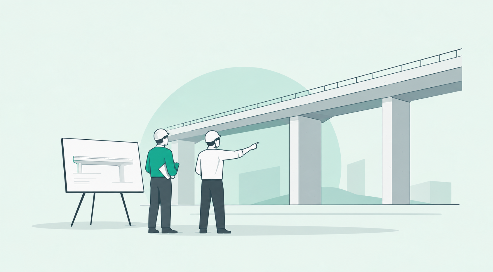 Illustration of two engineers reviewing UHPC bridge plans beside a viaduct