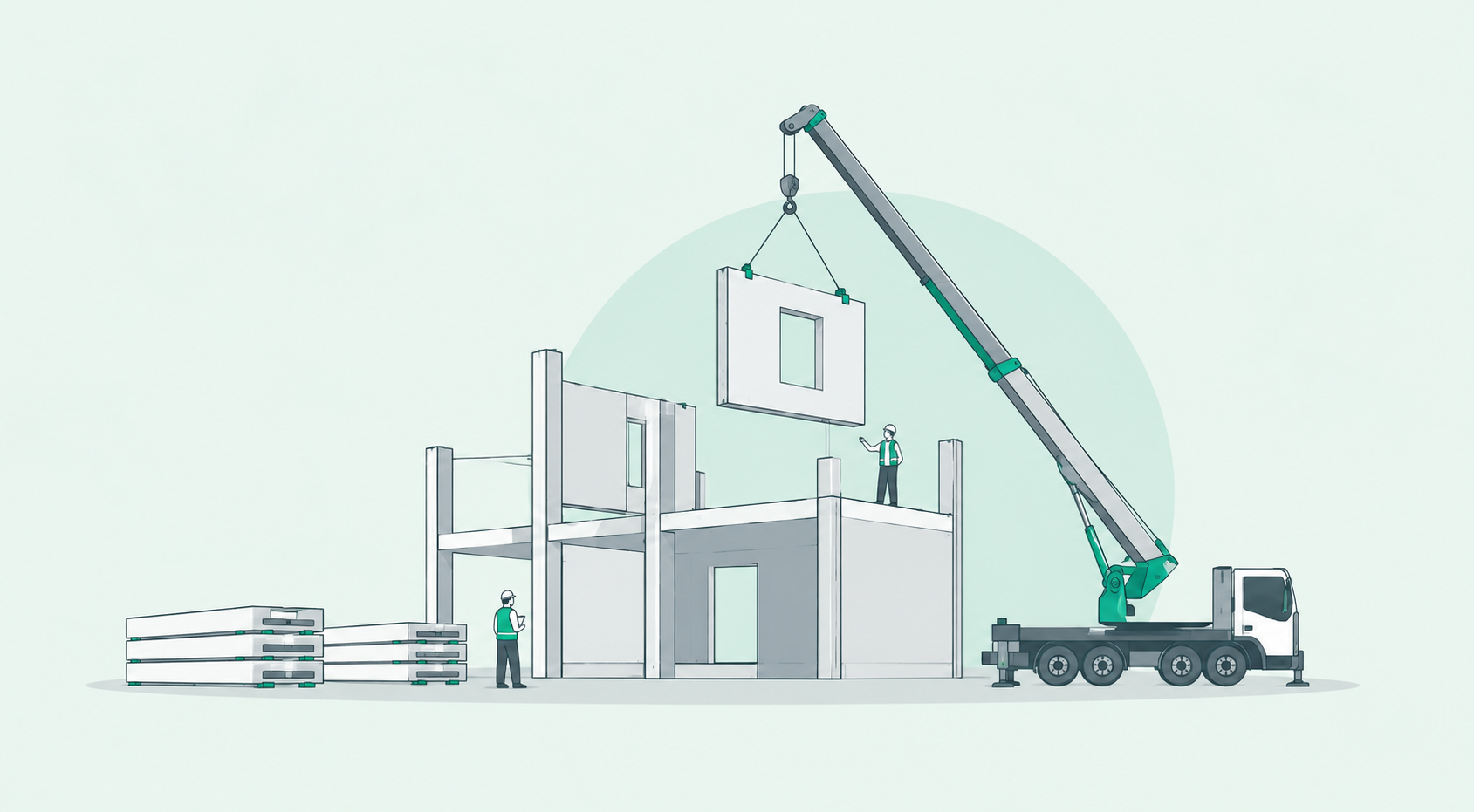 Illustration of a crane placing UHPC elements on a construction site