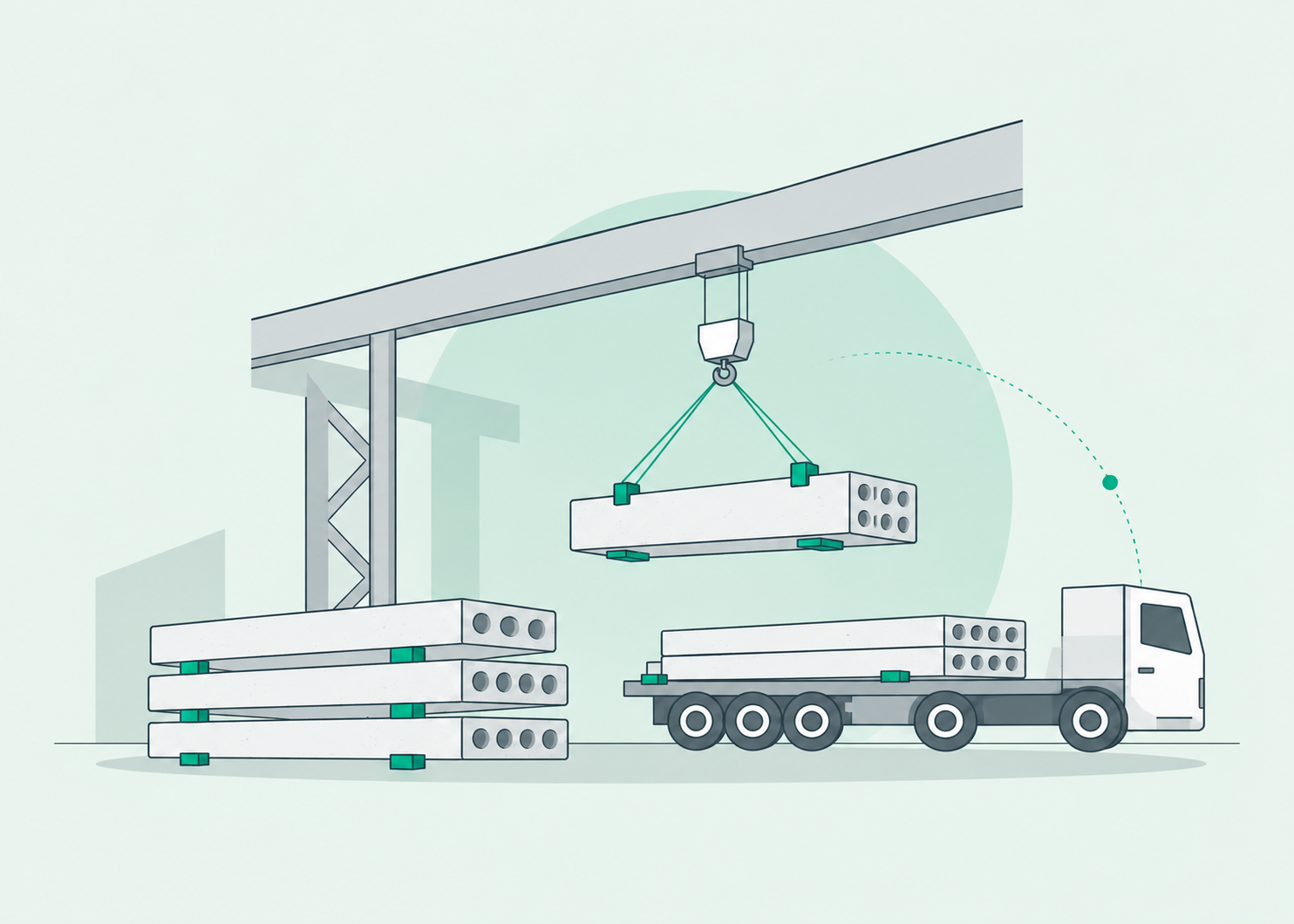 Illustration of a gantry crane loading precast UHPC slabs onto a truck
