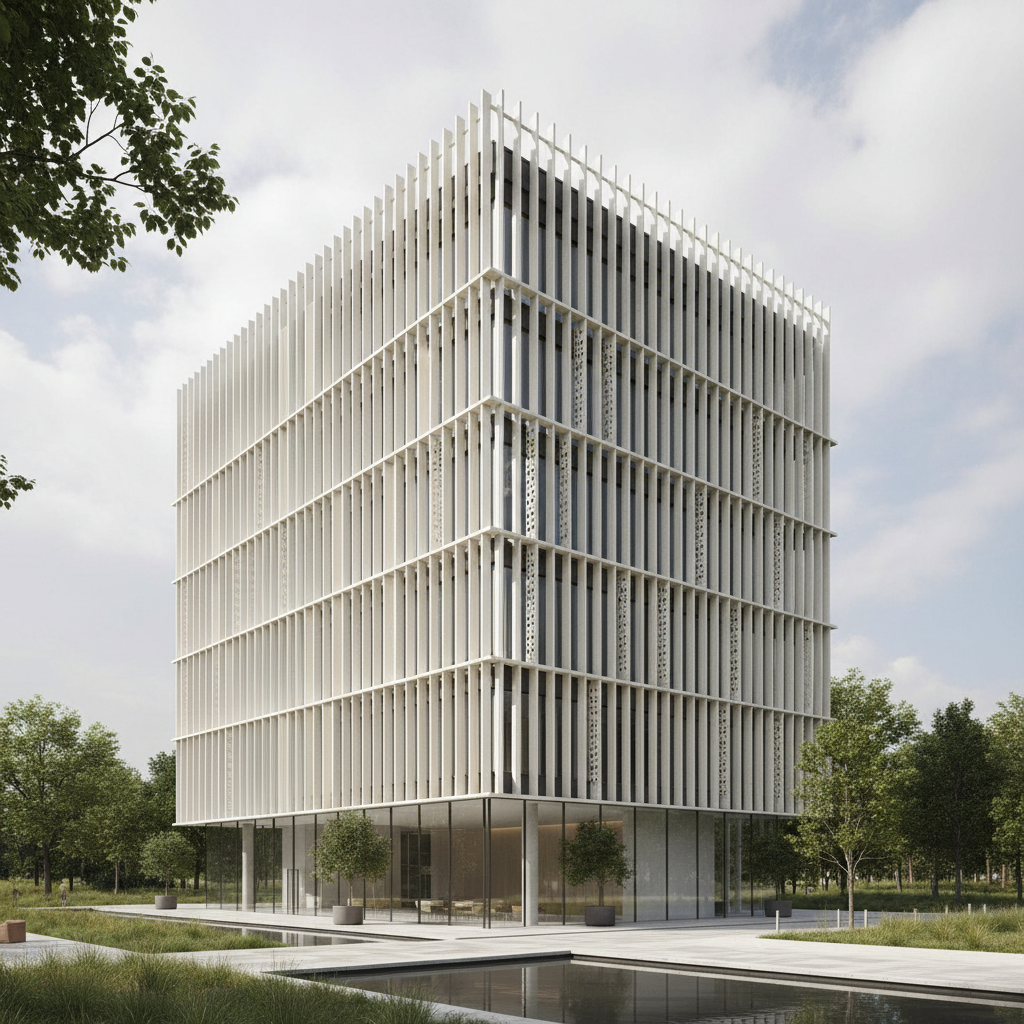 Office building with UHPC facade fins and perforated sunscreens