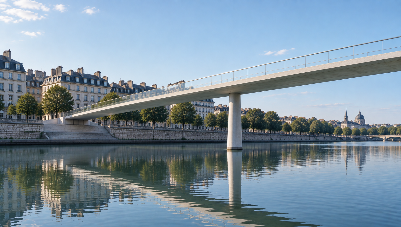 Slender UHPC pedestrian bridge on a single pier over a river